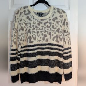 Alison Sheri Women's Sweater Leopard Print Striped Black Cream Size L